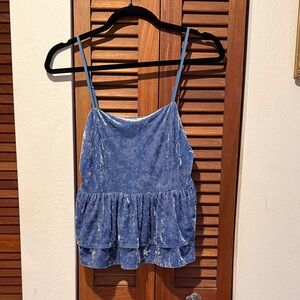 American Eagle Outfitters Blue Velvet Ruffle Top